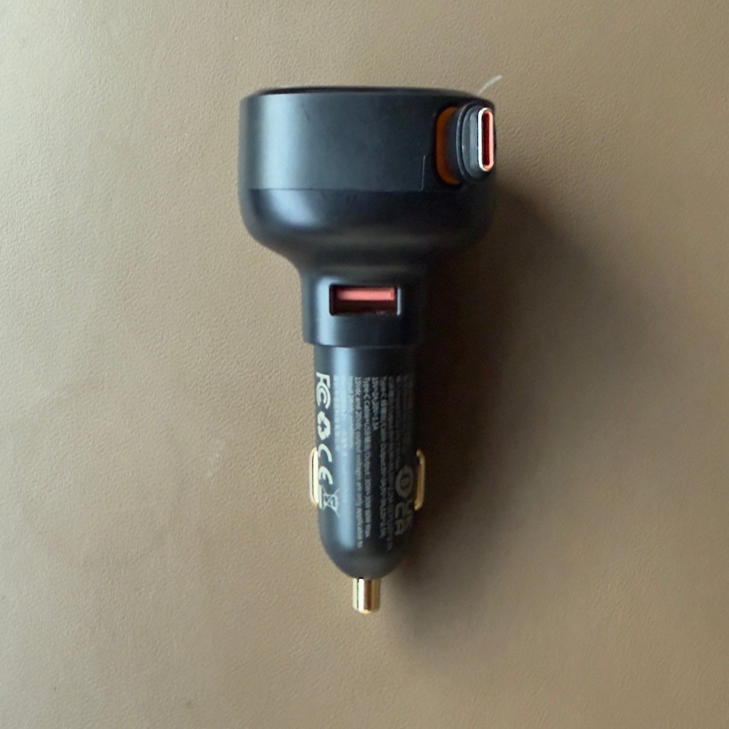 Front view of a dual USB-C car charger with built-in USB-C connector